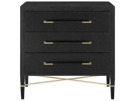 Currey and Company Verona Black Lacquered Linen Chest with Champagne Details
