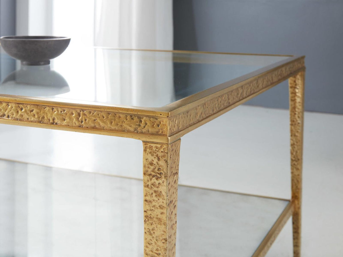 Sculpture Rectangular Glass Coffee Table in Antique Brass