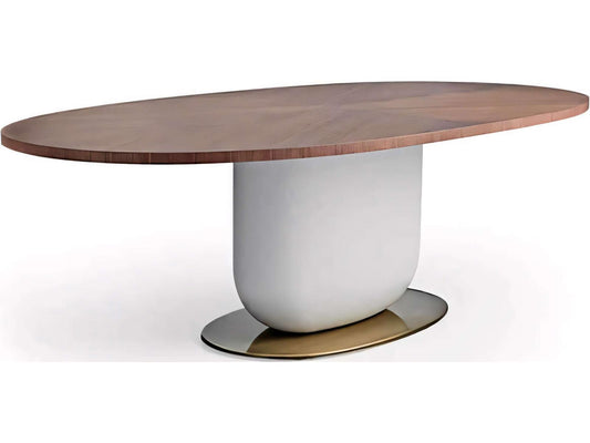 Ettore 94-Inch Oval Wood Walnut Dining Table with Fog Grey Pillar and Glossy Bronze Base