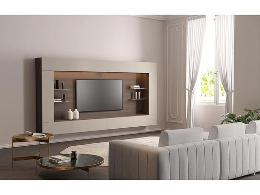 Spazio 142 Inch Wall Unit with Walnut and White Matt Lacquer