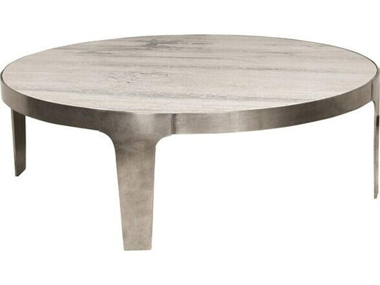 Noa Round Coffee Table with Aged Silver Metal Base and Travertine Top