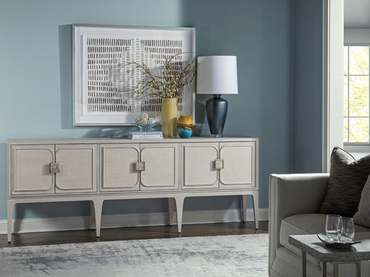 Home Elixer 6-Door Media Console in Quartered Oak and Raffia with Misty White Gray Finish