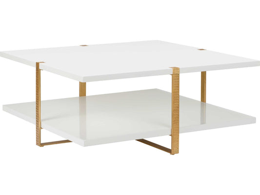 Elizabeth Wicker Ribbed Square Wood White antique Gold Leaf Cocktail Table