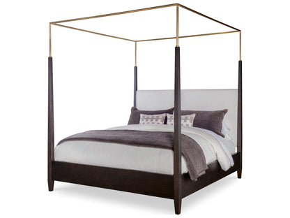 Cadence Mocha Antique Brass Brown Oak Wood King Canopy Bed