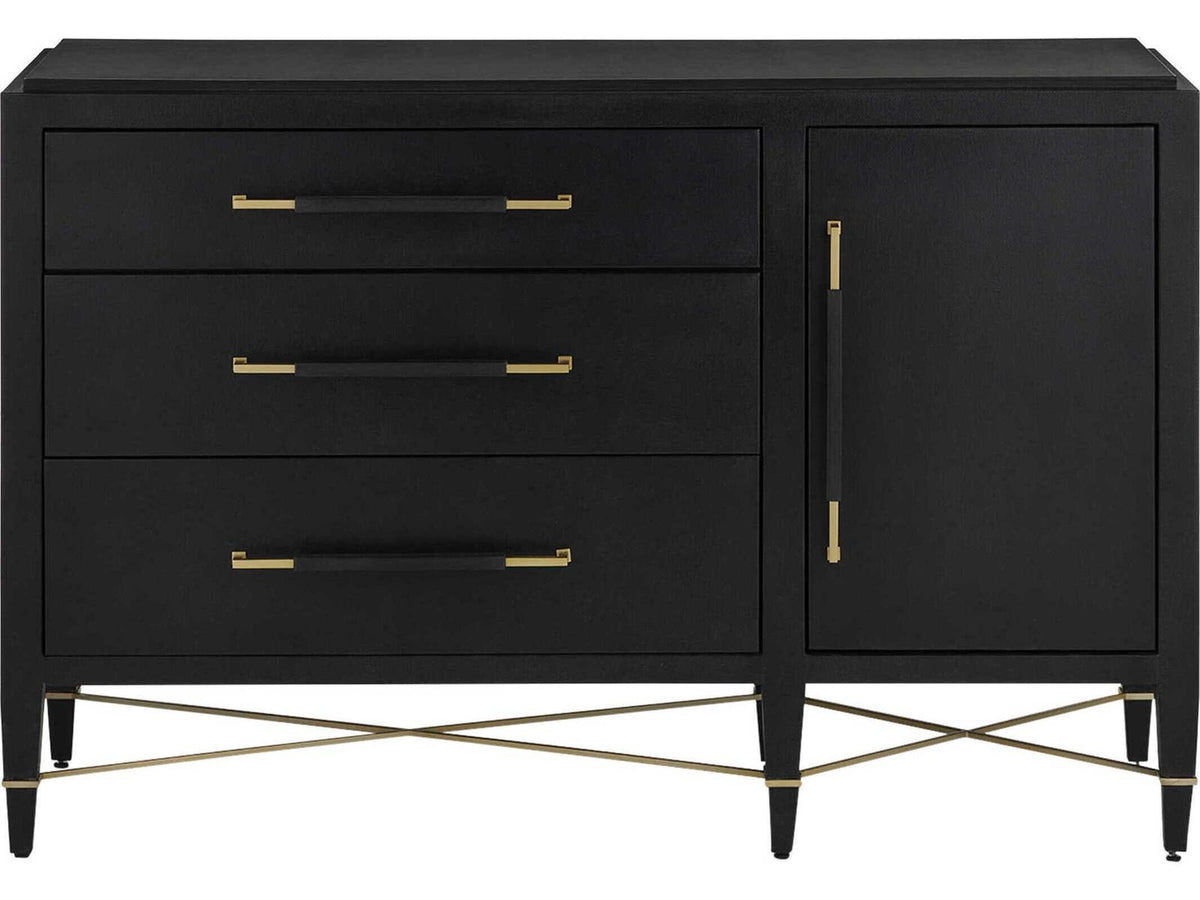 Currey and Company Verona Three-Drawer Chest in Black Lacquered Linen and Champagne