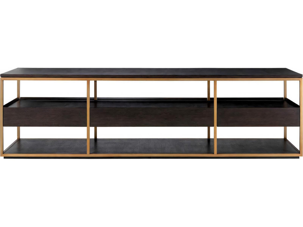 Parker L Mocha Straight Oak Veneer TV Cabinet with Brushed Brass Finish