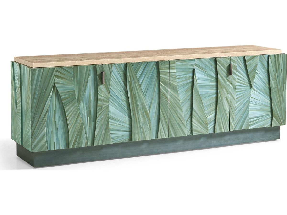 Seaglass Entertainment Console with Blue Straw Marquetry and Stone Top