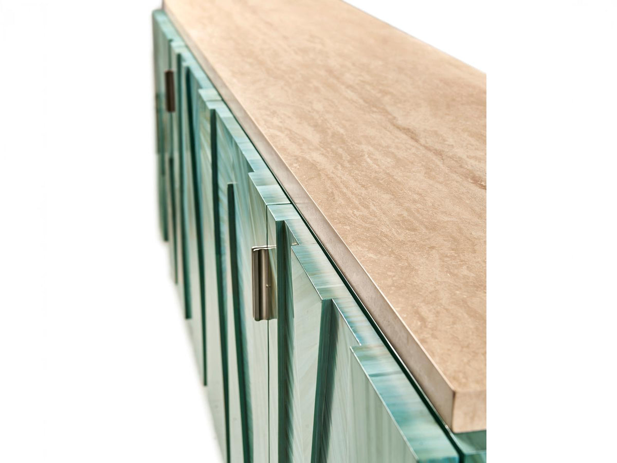 Seaglass Entertainment Console with Blue Straw Marquetry and Stone Top