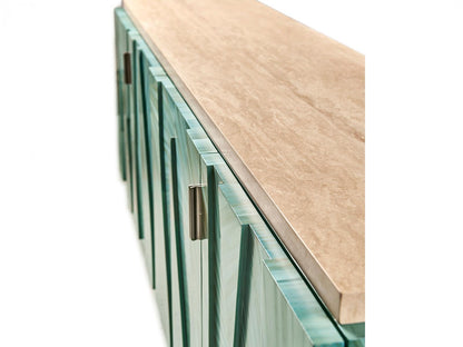 Seaglass Entertainment Console with Blue Straw Marquetry and Stone Top