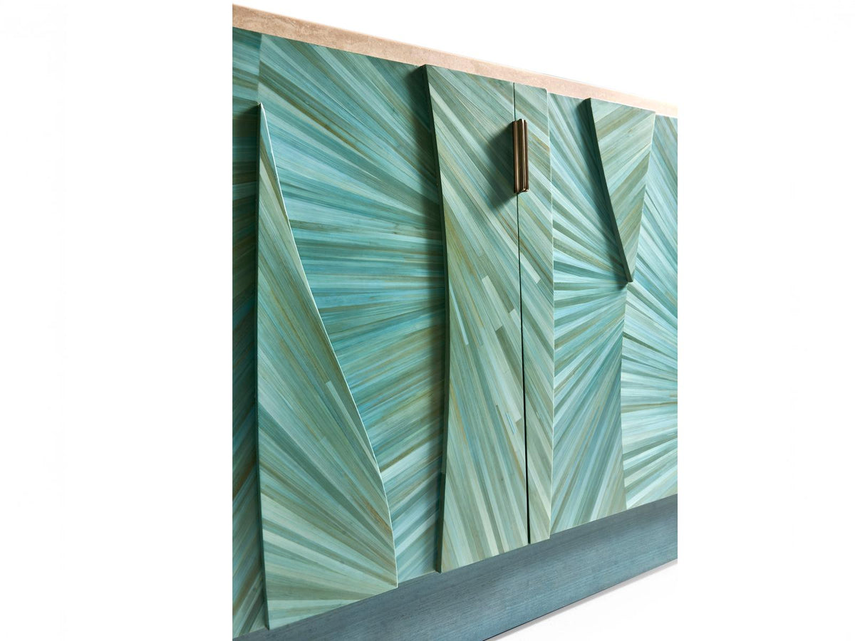 Seaglass Entertainment Console with Blue Straw Marquetry and Stone Top