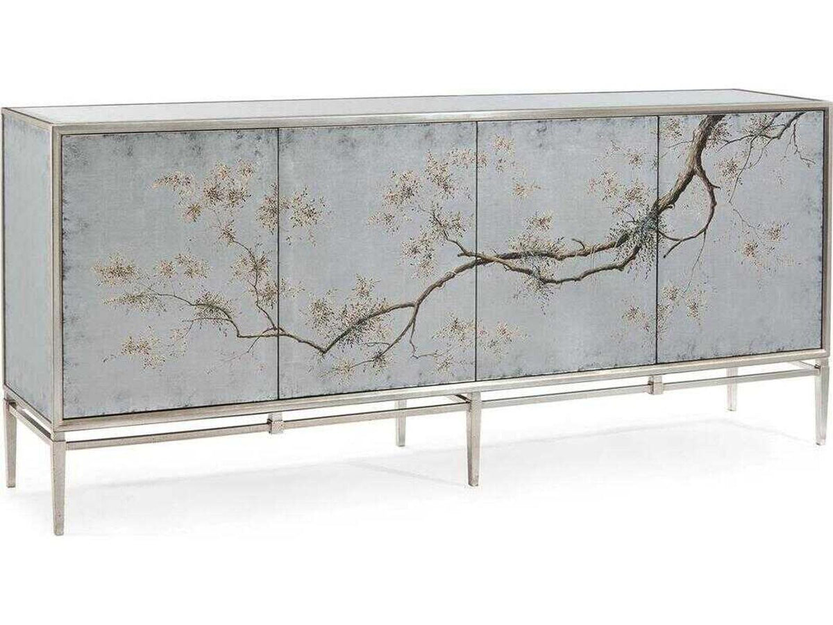Falling Branch 4-Door ?glomisé Credenza with Hand-Painted Branches