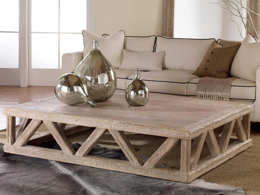 Architectural Rectangular Wood Coffee Table with Sandblasted Weathered Finish