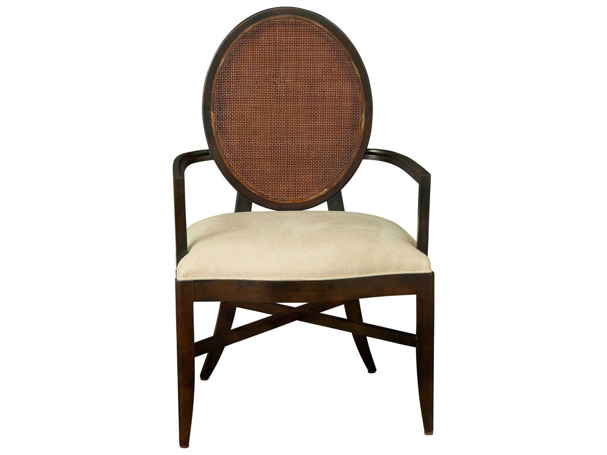 Oval Cane Brown Upholstered Arm Dining Chair