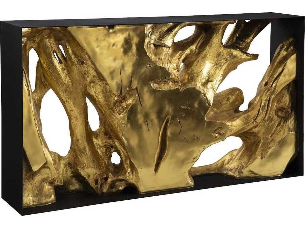 Cast Root Gold Leaf and Black Metal Console Table