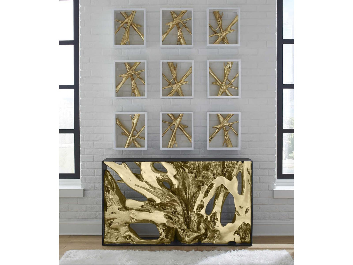 Cast Root Gold Leaf and Black Metal Console Table