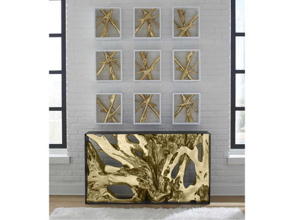 Cast Root Gold Leaf and Black Metal Console Table