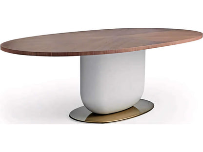 Ettore 94-Inch Oval Wood Walnut Dining Table with Fog Grey Pillar and Glossy Bronze Base