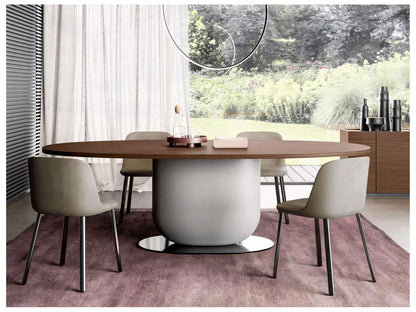Ettore 94-Inch Oval Wood Walnut Dining Table with Fog Grey Pillar and Glossy Bronze Base