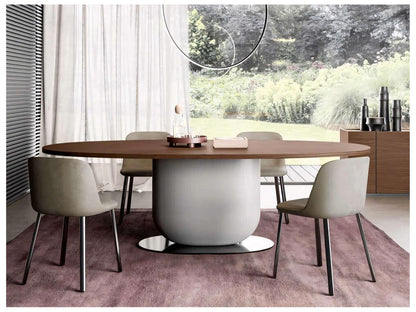 Ettore 94-Inch Oval Wood Walnut Dining Table with Fog Grey Pillar and Glossy Bronze Base