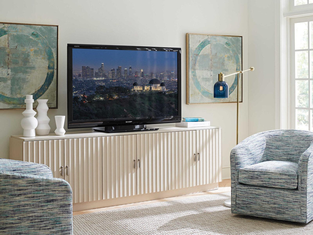 Cascades 96 Inch Oak Wood Media Console in Linen White with Brushed Nickel Hardware