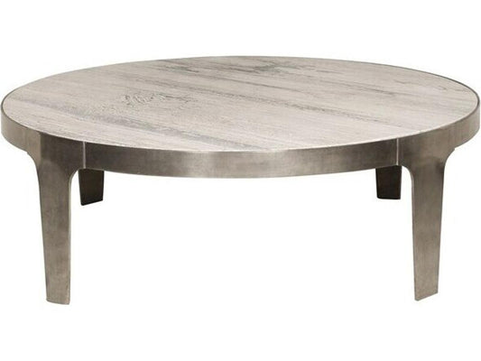 Noa Round Coffee Table with Aged Silver Metal Base and Travertine Top