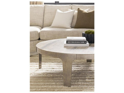 Noa Round Coffee Table with Aged Silver Metal Base and Travertine Top