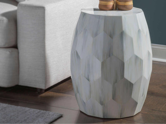 Home Signature Designs Bello Faceted Drum End Table in White Gray Faux Horn