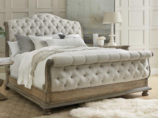 Castella King Tufted Bed in Natural Tan Performance Fabric