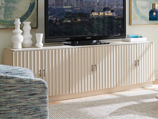 Cascades 96 Inch Oak Wood Media Console in Linen White with Brushed Nickel Hardware
